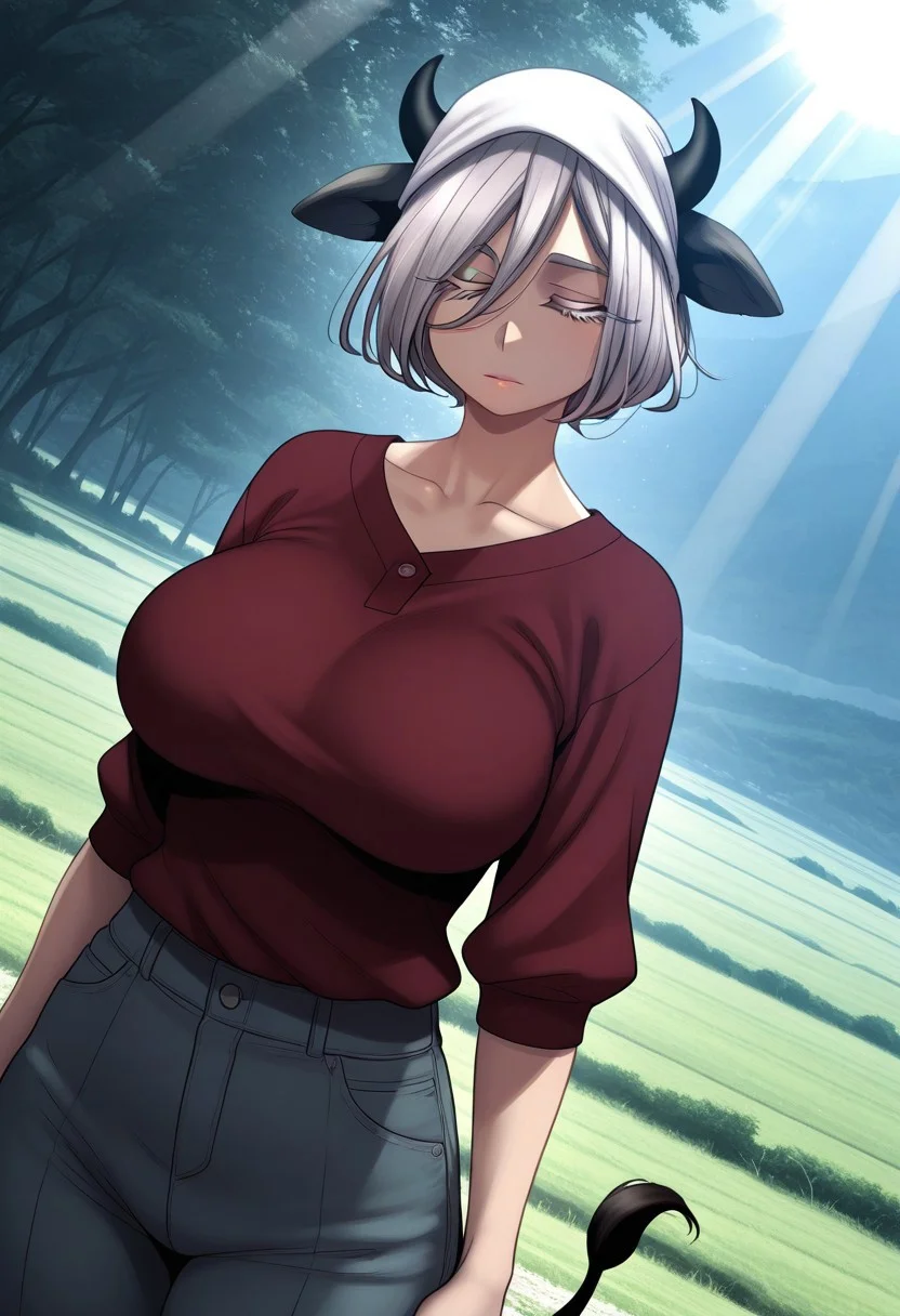 HDR, 8K, high contrast, masterpiece, best quality, amazing quality, very aesthetically pleasing, superabsurd res, high resolution, ultra-detailed, absurdres, latest, landscape, light rays, chiaroscuro, dynamic angle, Dutch angle, close-up, Morax, 1girl, big girl, cow girl, cow horns, black horns, cow tail, black tail, closed eyes, gray hair, short hair, very large breasts, gray eyelashes, headscarf, trousers, shirt, red shirt, BREAK, beautiful detailed eyes, detailed skin, detailed hair, volumetric lighting,