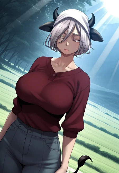 HDR, 8K, high contrast, masterpiece, best quality, amazing quality, very aesthetically pleasing, superabsurd res, high resolution, ultra-detailed, absurdres, latest, landscape, light rays, chiaroscuro, dynamic angle, Dutch angle, close-up, Morax, 1girl, big girl, cow girl, cow horns, black horns, cow tail, black tail, closed eyes, gray hair, short hair, very large breasts, gray eyelashes, headscarf, trousers, shirt, red shirt, BREAK, beautiful detailed eyes, detailed skin, detailed hair, volumetric lighting,