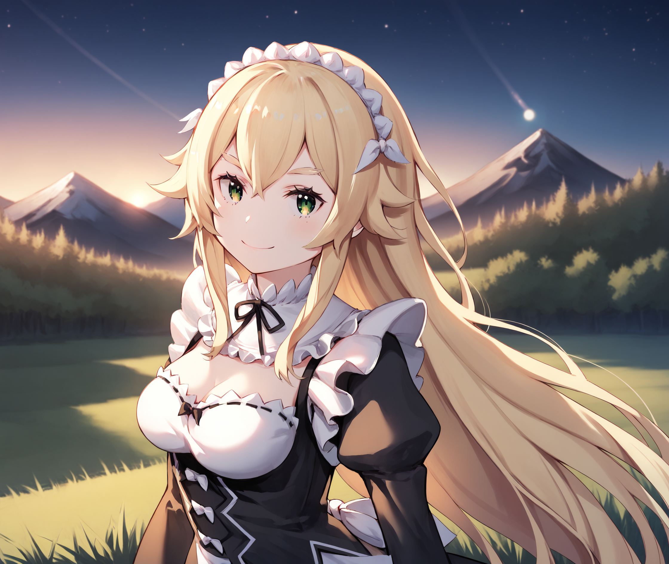 score_9, score_8_up, score_7_up, highres, hi res, best quality, masterpiece, 2d, intricate details, 4k, anime coloring, shadow, uncensored,
1girl, solo, female, closed mouth, smile, long hair, blonde hair, ribbon, hair between eyes, very long hair, green eyes, 
breasts, medium breasts, 
long sleeves, dress, cleavage, frills, alternate costume, black dress, apron, maid, maid headdress, cosplay, neck ribbon, black ribbon, juliet sleeves, white apron, maid apron, enmaided, roswaal mansion maid uniform,
cowboy shot, upper body, 
outdoors, on grass, field, depth of field, mountain, horizon, outdoors, forest, field, night, sky, night sky, star \(sky\), starry sky, <lora:Frederica_Baumann_1024_Pony:1>, frederica baumann, re:re:zero kara hajimeru isekai seikatsu,