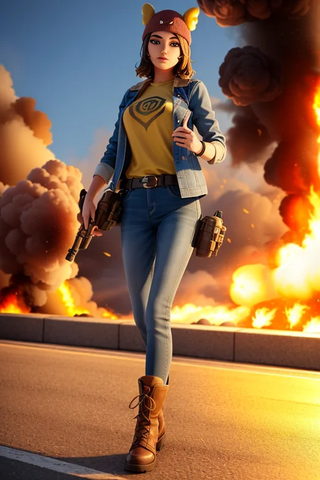 (realistic:1.5), <lora:Skye_75Koto_DB:0.5>, 1girl, xyzskye, 3d, render, red_headwear, red beanie, serious look, lips, ((big eyes)), looking at viewer, brown hair, beautiful face, blue eyes, octane render, walking, yellow shirt, jacket, holster, boots, sidearm, black_legwear, pants, belt, explosion in the background, nuclear explosion, bombs, fire, holding a ((grenade))