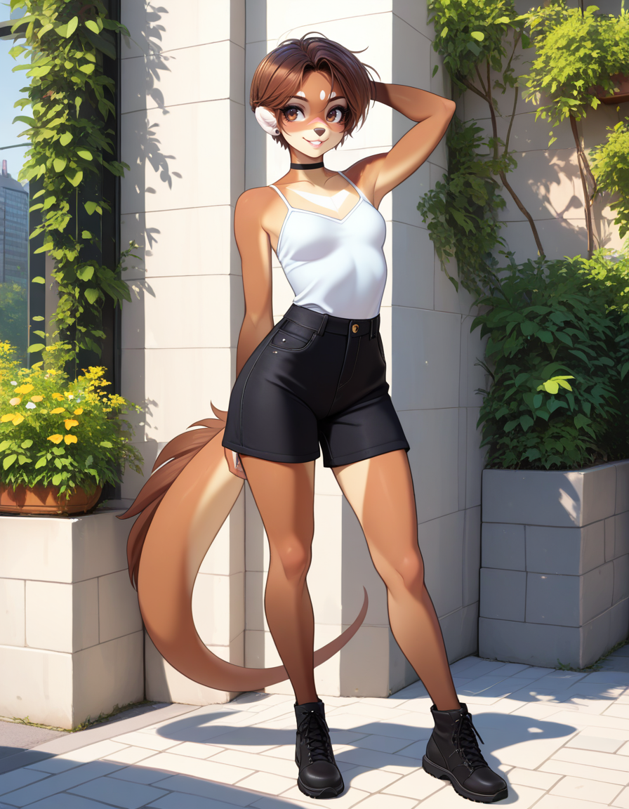 masterpiece, best quality, very aesthetic, absurdres,
outdoors, casual, 
full body, posing, 
smile, parted lips, long eyelashes, 
<lora:Mikhaila_v01_NAIXL:1>
M1k4a11a,1girl,solo,furry,furry female,short hair,brown hair,brown eyes,animal nose,choker,body fur,brown fur, tail,