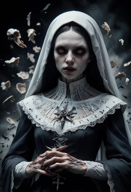 Horror-themed Victorian era, Victorian style,  elegant, soft scattered light, soft volumetric light, (dramatic light:1.2), (neutral colors:1.3),  famous artwork, (dramatic scene:1.1), (fractal art:), fantasy style, dynamic angle,
Haunted nun, pallid porcelain skin, obsidian eyes, tattered and torn Victorian attire :: in a macabre, Tim Burton-esque world with eerie ambient lighting, a blend of horror surrealism and gothic anime, head tilted to the side, indicating thoughtfulness, Fearful, Wide-open eyes, a furrowed brow, and a slightly open mouth.
 <lora:add-detail-xl:3> <lora:WB2.2:.4> <lora:ral-vlntxplzn:.8> ral-vlntxplzn . Eerie, unsettling, dark, spooky, suspenseful, grim, highly detailed