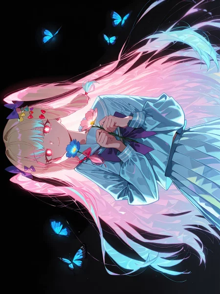 <lora:nai_ILL:0.8>,
<lora:dagashiya_ai_art:0.8>,
<lora:Glowing_Spot_Color_-_Illustrious:0.6>, glowing eyes, streaked hair, glowing inner hair, glowing streaks,
chouzetsusaikawa tenshi-chan, 1girl, long hair, looking at viewer, smile, shirt, skirt, blonde hair, long sleeves, hair ornament, bow, closed mouth, very long hair, twintails, blue hair, school uniform, pink hair, flower, multicolored hair, heart, hair bow, pantyhose, pleated skirt, serafuku, sailor collar, blue skirt, hands up, blue bow, leaf, blue shirt, black background, bug, pink bow, butterfly, yellow bow, blue flower, purple bow, blue theme, heart hair ornament, holding flower, blue butterfly, multiple hair bows, quad tails, (dark), (sideways), ((glowing)), glitch, horror \(theme\), vibrant, black background, colorful, abstract, bioluminescence, double exposure, distortion, holographic clothing, bloom, backlighting, sidelighting, rella, wanke, konya karasue, yadu nadu, menma \(enaic31\), (quasarcake:0.8), john kafka, (otonoha aika), konya karasue