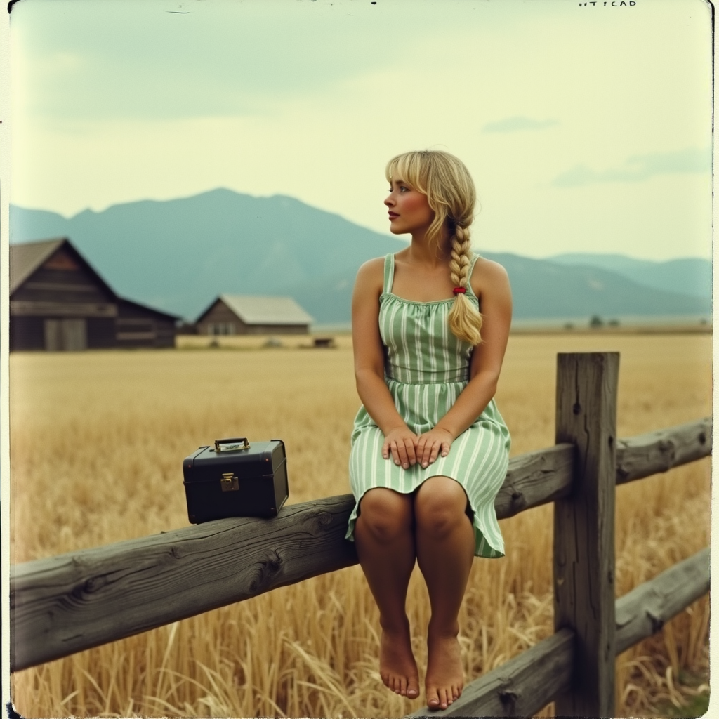 Faded Polaroid Photo, analog film photo A thoughtful blonde woman in a 1930s-style cotton dress and braided hair, sitting on a wooden fence in a windswept rural field with a small suitcase by her side. Distant mountains, wooden barns, and wheat fields in the background. Captured using a Graflex Speed Graphic camera, rich black-and-white contrast, soft haze from dust in the air, gentle lens blur on the edges. The scene feels grounded and poetic, a quiet portrait of resilience during a historical moment.<lora:Sabrina Carpenter-v1:1> s4br1n4c, pop idol, petite blond . faded film, desaturated, 35mm photo, grainy, vignette, vintage, Kodachrome, Lomography, stained, highly detailed, found footage, analog, old faded photo, old polaroid, RAW candid cinema, 16mm, color graded portra 400 film, remarkable color, ultra realistic, textured skin, remarkable detailed pupils, realistic dull skin noise, visible skin detail, skin fuzz, dry skin, shot with cinematic camera
