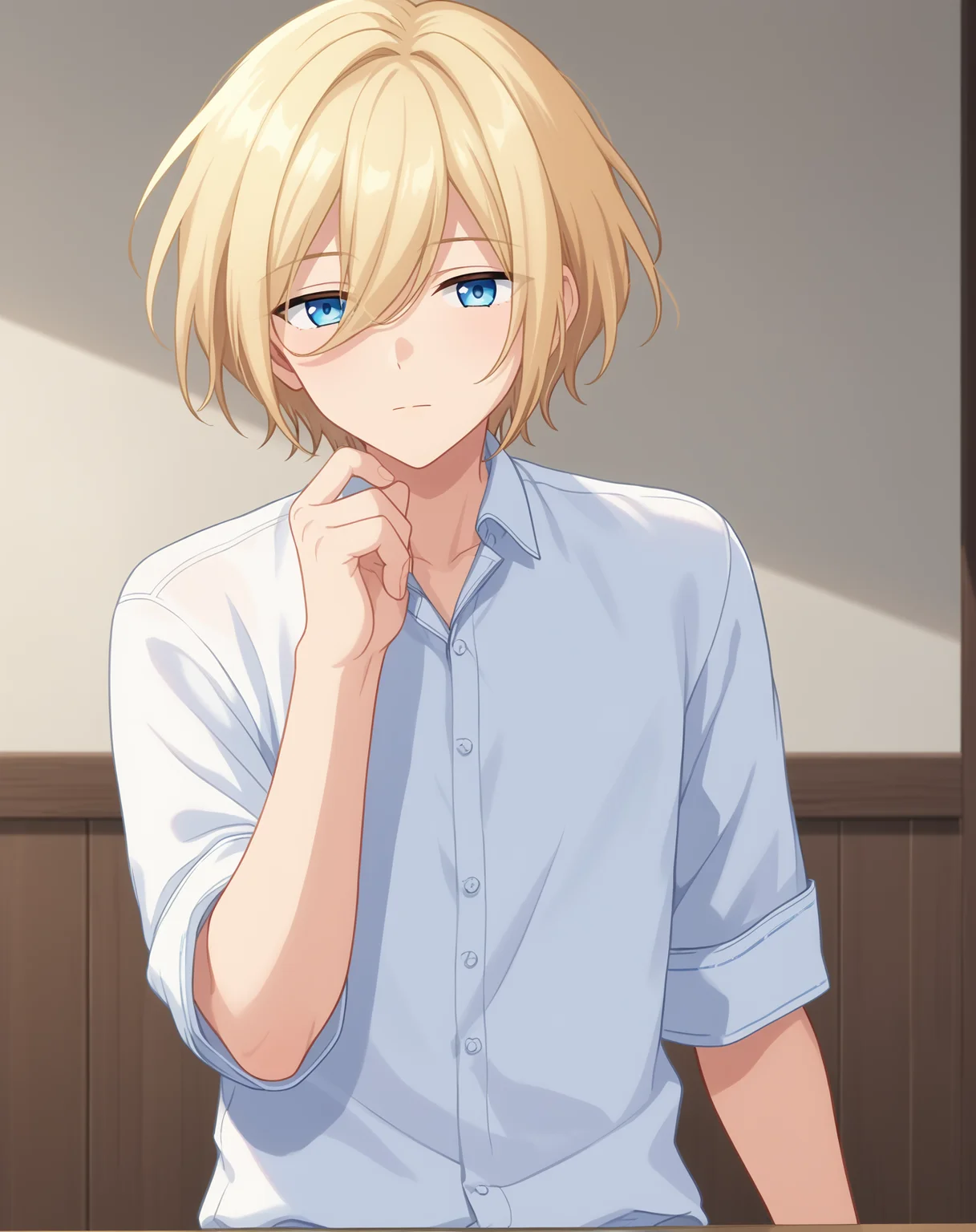 score_9, score_8_up, score_7_up, source_anime, anime screencap, depth of field, rating_safe, BREAK,
1boy, solo, yaoi, male focus, looking at viewer, cowboy shot, facing viewer, expressionless,
<lora:tenshouin_eichi_pony:1> tenshouin_eichi_pony, blonde hair, blue eyes, medium hair, hair between eyes, bangs,
white shirt, collared shirt,
indoors,