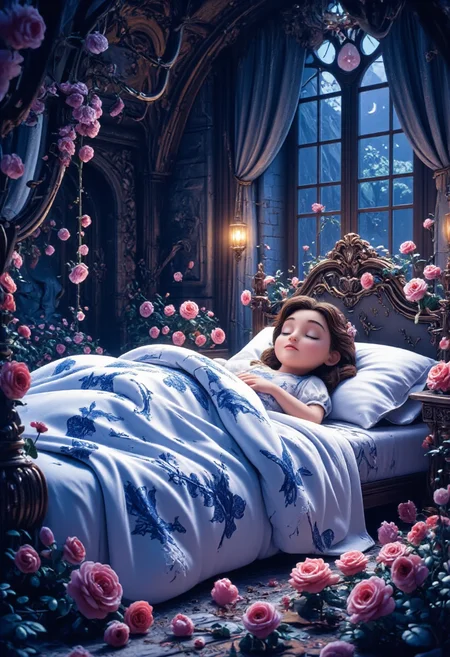 Sleeping Beauty lying in a bed surrounded by thorny roses, under a spell of eternal sleep, scene from Charles Perrault's classic story Sleeping Beauty,<lora:bwporcelaincd_flux-000002:0.5>, bwporcelaincd_flux, blue and white porcelain, <lora:CTAI-Disney:0.5>, CTAI-Cute, <lora:Cute_3d_Cartoon_Flux:0.5>, <lora:CuteLogoMaker:0.5>, Cute Logo, <lora:DonM_-_Cute_Toons_Flux-000012:0.5>, <lora:flux-lora-planet:0.5>, a cute planet, <lora:Realistic_PixArt_Doodle_art_style:0.5>, <lora:zhibi_flux:0.5>, small zhibi, cute