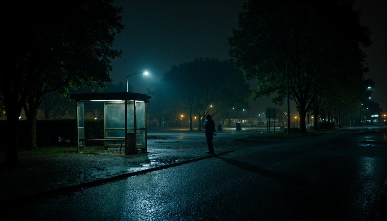 cinematic, A person stands alone under the dim light of a bus stop at night. The surroundings are wet from rain, and the distant glow of streetlights creates a moody and solitary atmosphere, with trees and shadows framing the scene, film grain, Short telephoto focal length, shot on ALEXA 65