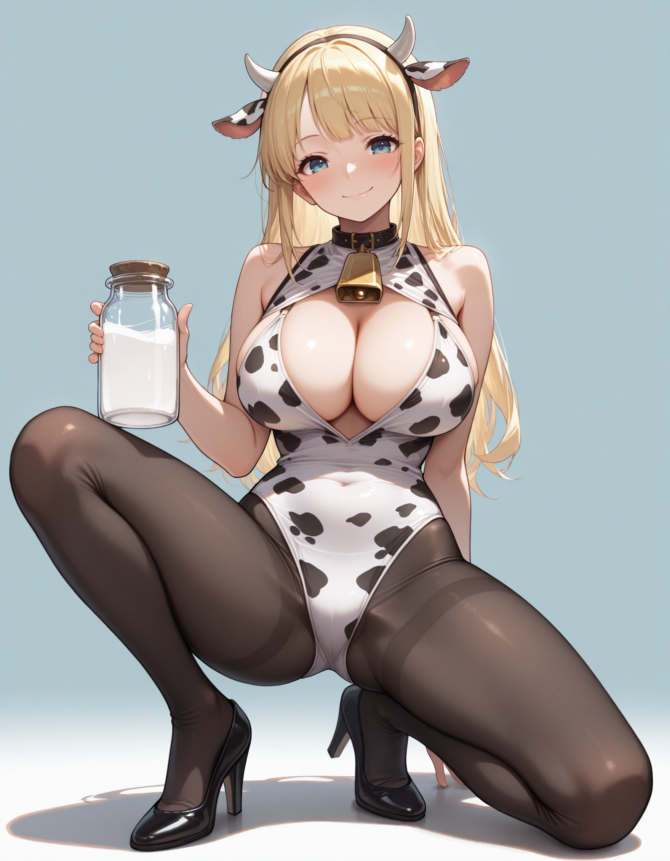 (masterpiece, best quality), RythModaOP, 1girl, black pantyhose, cow print bodysuit, sleeveless bodysuit, cleavage, black heels, cow ears, looking at viewer, large breasts, standing, front view, on one knee, bent leg, spread legs, smiling, blush, closed mouth, holding milk jar, cowbell , simple background, <lora:lora:0.5>   <lora:moda-op-15:1>