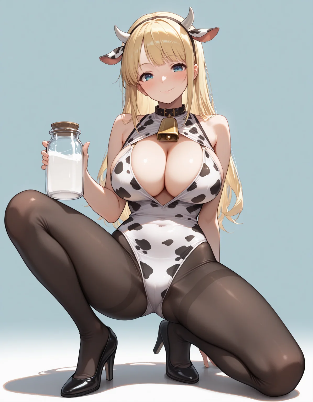 (masterpiece, best quality), RythModaOP, 1girl, black pantyhose, cow print bodysuit, sleeveless bodysuit, cleavage, black heels, cow ears, looking at viewer, large breasts, standing, front view, on one knee, bent leg, spread legs, smiling, blush, closed mouth, holding milk jar, cowbell , simple background, <lora:lora:0.5>   <lora:moda-op-15:1>