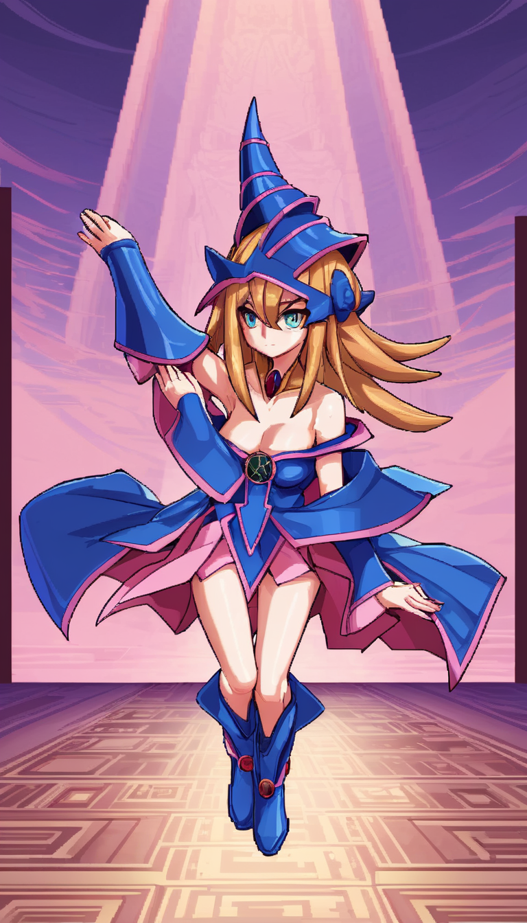 pixel-art Cinematic scene, hero view, Dark Magician Girl, Yu-Gi-Oh! <lora:dark_magician_girl_xl_v4:1>, action pose, detailed background, masterpiece, best quality, high quality, highres, absurdres . low-res, blocky, pixel art style, 8-bit graphics