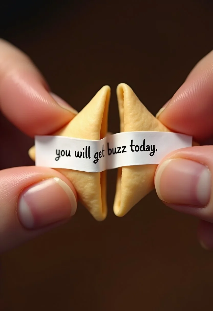 a photo of fingers holding a split in half fortune cookie with the fortune inside saying "you will get buzz today"