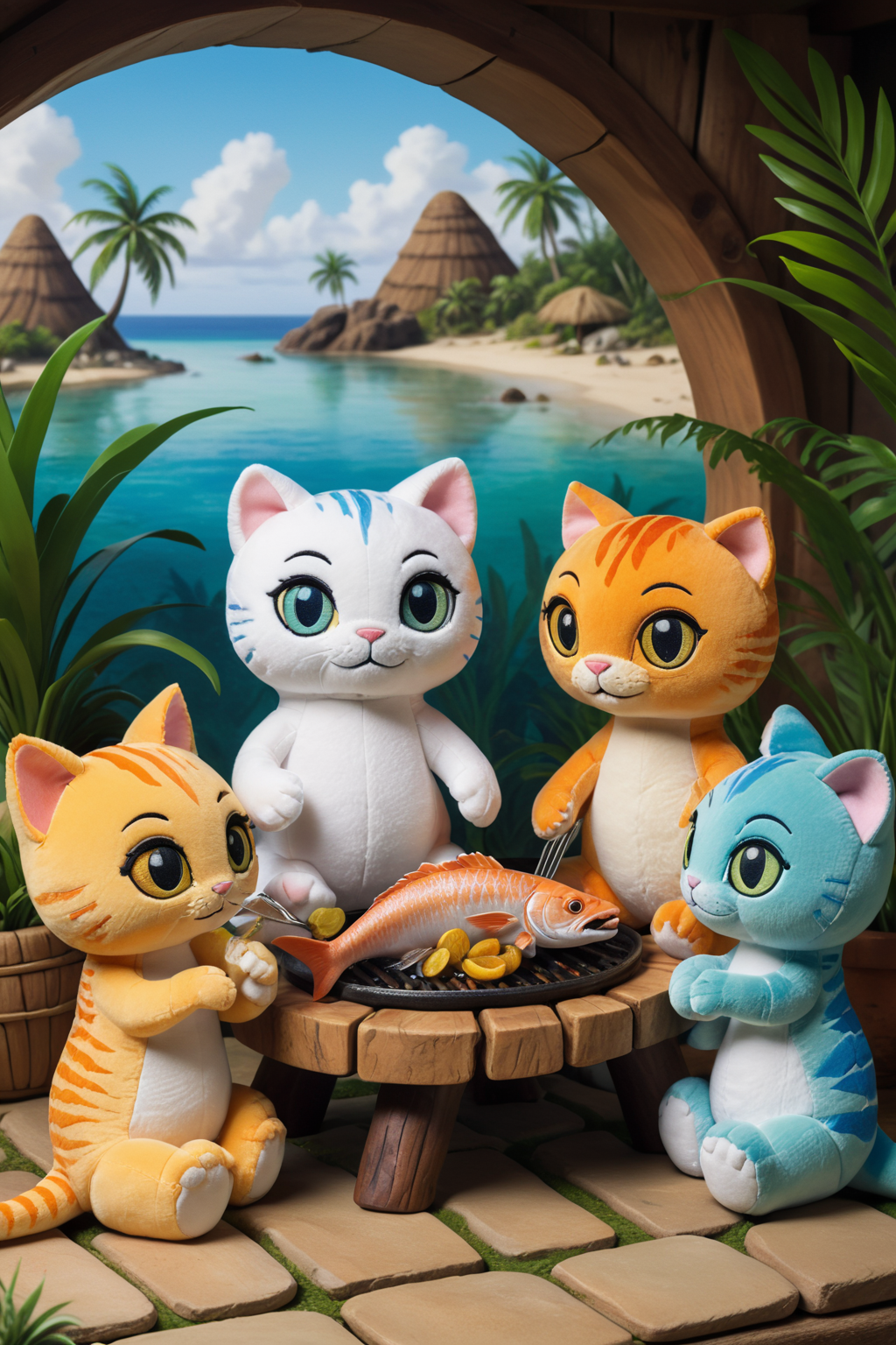 A plush cat family having a fish cooking picnic in a prehistoric house. The scene is playful and colorful, with palm trees in the distance, and other plush dinosaurs playing games. The baby dinosaurs are eagerly watching the food being grilled. 
intricate details.
masterpiece, award winning artwork,
many details, extreme detailed, full of details,
Wide range of colors, high Dynamic,
<lora:woafu_plushify_sdxl_v02:1.1> plushify, character stuffed toy, chibi, 
<lora:add-detail-xl:1>, 
<lora:XDetail_light:0.75>,
<lora:xl_more_art-full_v1:0.3>