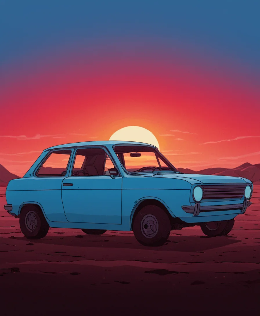 Flat 2D Art, car, modern car, Scavengers Reign Style, blue car, red Sunset, simple flat color, 2-dimensional, Flat 2D Art Style, concept art car, modern car, Scavengers Reign Style, blue car, red Sunset . digital artwork, illustrative, painterly, matte painting, highly detailed, insanely dynamic illustration of car, modern car, Scavengers Reign Style, blue car, red Sunset. best quality, high resolution. crazy artstyle, careless brushstrokes, emotional and fun