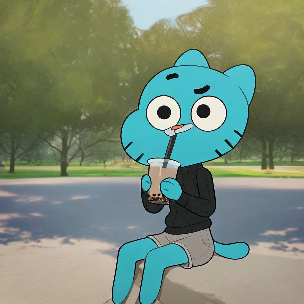 (2024, very aesthetic, newest, best quality, masterpiece), mikus-gumball, black eyes, cat, blue fur, black sweater, gray shorts, park, park background, holding, bubble tea,