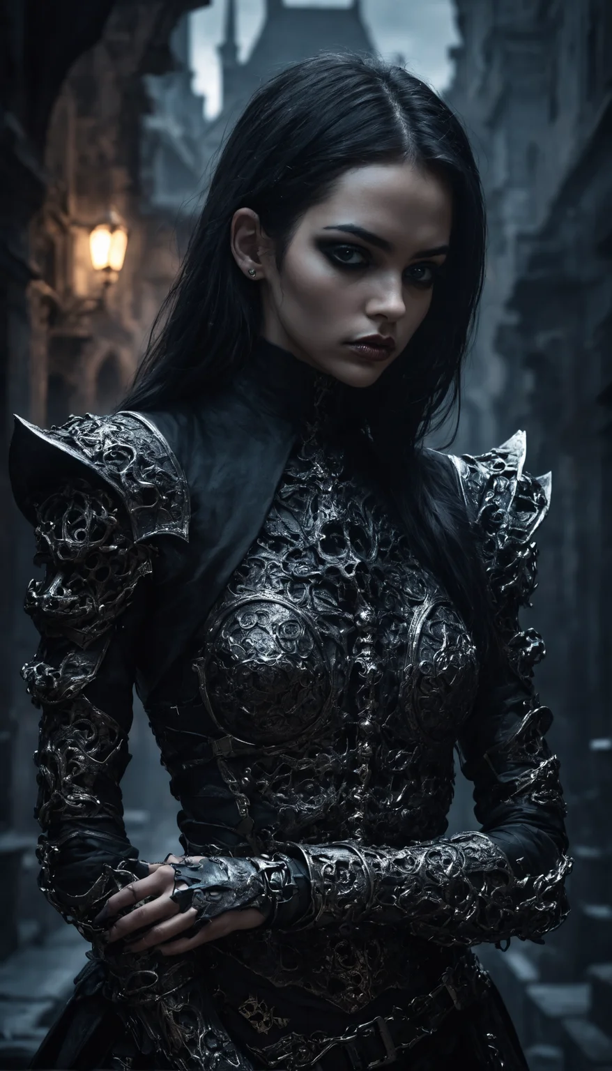 Gothic art, dark tones, intricate details, dramatic lighting, high contrast, medieval influence, ornate, mysterious, detailed armor, cyberpunk elements, cityscape, atmospheric, moody, haunting beauty, sharp shadows, textured
(dynamic pose:1.4), Standing with arms crossed, depth of field,  dark aura, skull pattern ornate