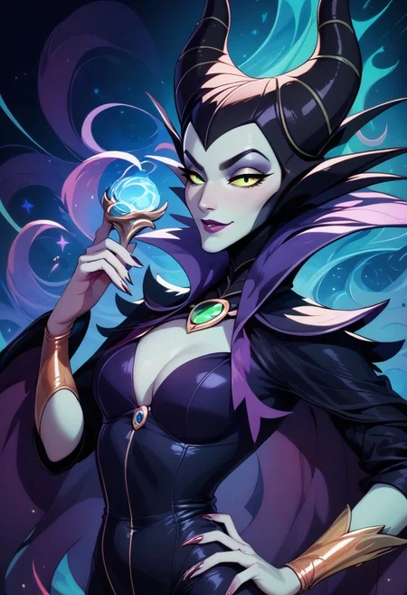 score_9, score_8_up, score_8,
BREAK,
Maleficent-inspired character with vibrant green eyes and colored sclera. Green-skinned enchantress, BREAK, imposing horns, subtle cleavage, regal cape. MaleficentXLP, dark fantasy villain, magical aura, seductive evil, otherworldly presence, powerful stance, flowing garments, mystical appearance
zPDXL,