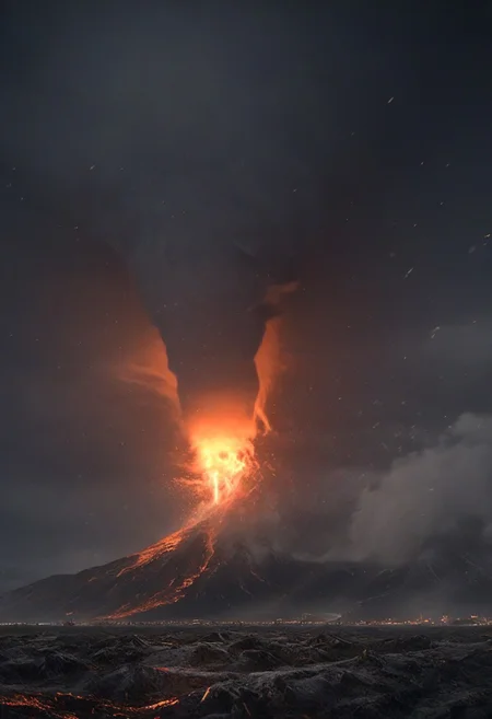 A highly detailed and dramatic rare photo shot of a ((Tornado)) with a winter mountain background, swirling tornado engulfed with flames and lava form flow, city destruction, 8k sharp focus, micro unreal engine 5 effects, photorealistic fantasy