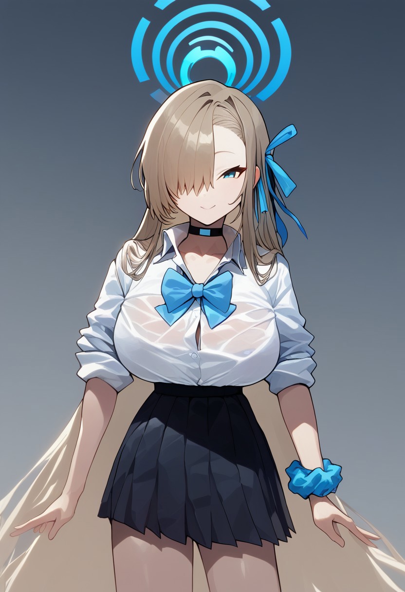 kosubi, score_9, score_8_up, digital media, solo,1girl, silk clothing, reflective clothing, shiny clothing, aaasuna, very long hair, light brown hair, halo, hair ribbon, hair over one eye, blue eyes, large breasts, black choker, school uniform, blue bowtie, collared shirt, white shirt, sleeves rolled up, wrist scrunchie, shirt tucked in, pleated skirt, black skirt