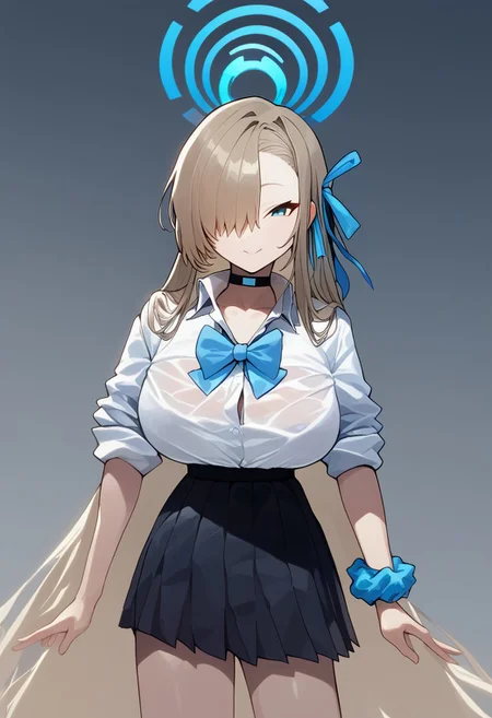 kosubi, score_9, score_8_up, digital media, solo,1girl, silk clothing, reflective clothing, shiny clothing, aaasuna, very long hair, light brown hair, halo, hair ribbon, hair over one eye, blue eyes, large breasts, black choker, school uniform, blue bowtie, collared shirt, white shirt, sleeves rolled up, wrist scrunchie, shirt tucked in, pleated skirt, black skirt