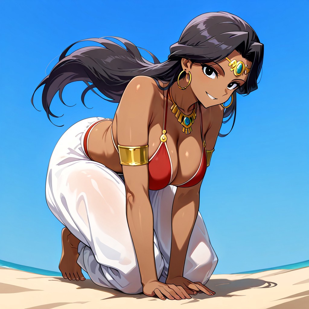 score_9, score_8_up, score_7_up, 1girl, black hair, long hair, black eyes, dark-skinned female, hoop earrings, jewelry, necklace, armlet, bare shoulders, neckline, red bikini, white baggy pants, bare feet, large breasts, blue sky,  looking at viewer, smile, solo, full body