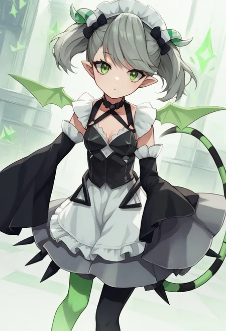 score_9,2d,source_anime,masterpiece,dutch angle,ygoarianna, 1girl, green eyes, green wings, green tail, green horns, green/black thighhighs, detached sleeves, maid, pantyhose, twintails,bent forward, looking at viewer, from front