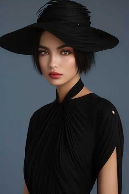 masterpiece, best quality, ultra detailed, bellissima, 1girl, black dress Armani style, perfect eyes, very short hair, black hair, cowboy shot