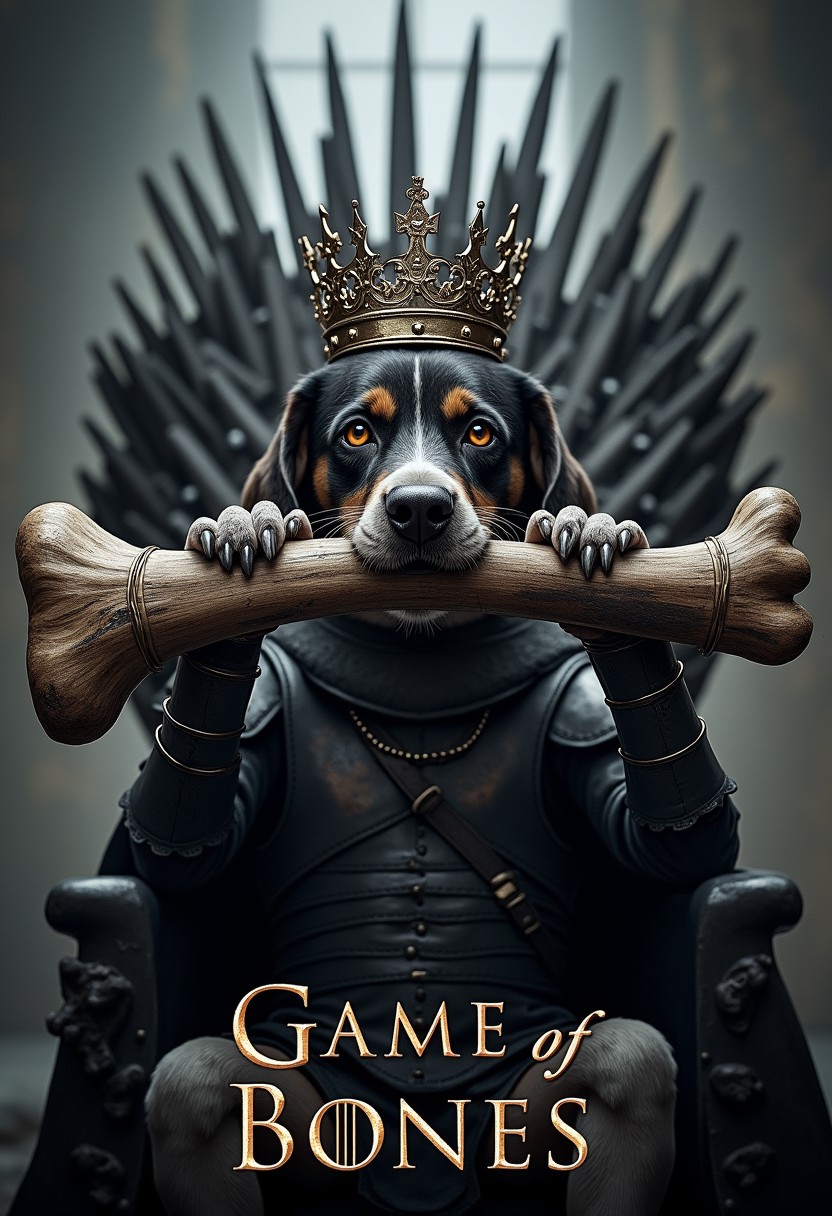 close up cinematic photo, a text title movie poster "Game of Bones", a dog with a giant bone in its mouth, wearing medieval armor, crown, sitting on a iron throne, light fog, highly detailed, parody movie poster, a digital movie poster illustration, game of thrones