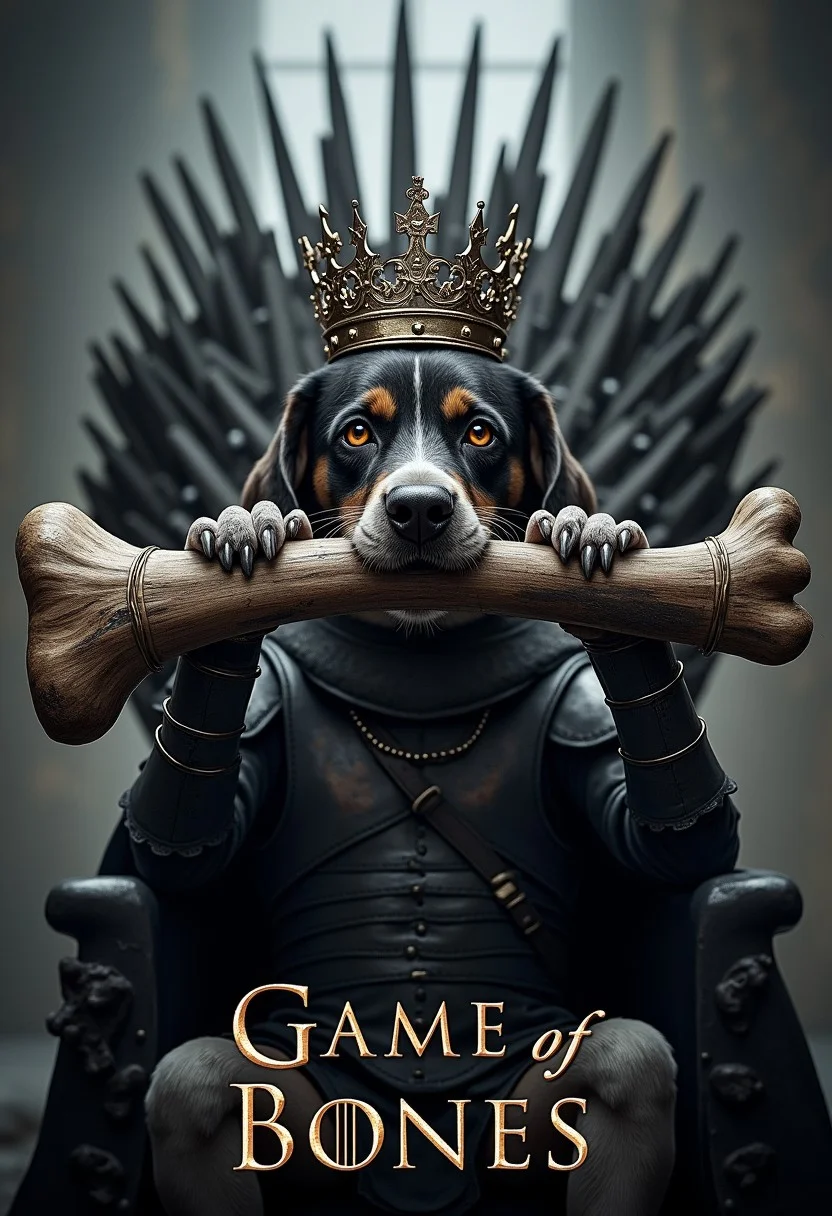 close up cinematic photo, a text title movie poster "Game of Bones", a dog with a giant bone in its mouth, wearing medieval armor, crown, sitting on a iron throne, light fog, highly detailed, parody movie poster, a digital movie poster illustration, game of thrones