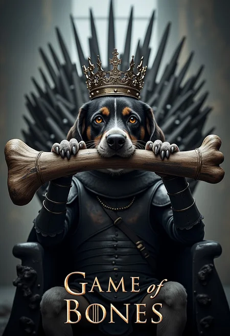 close up cinematic photo, a text title movie poster "Game of Bones", a dog with a giant bone in its mouth, wearing medieval armor, crown, sitting on a iron throne, light fog, highly detailed, parody movie poster, a digital movie poster illustration, game of thrones