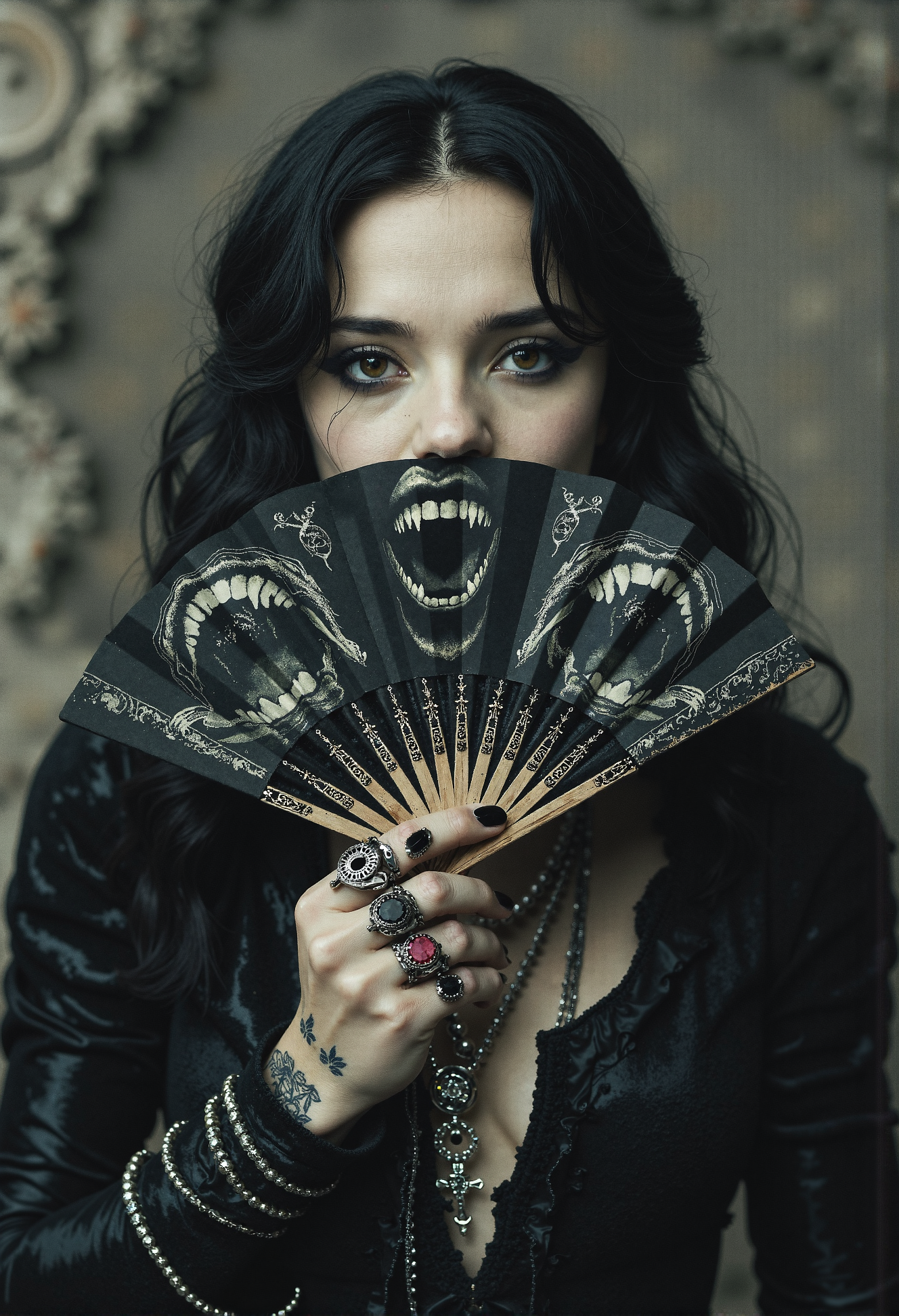 Manga style (amazing transcendental's dream:3.5). The image depicts a commanding gothic sorceress, her face partially hidden as she holds an intricately designed fan delicately before her mouth. The fan features a grotesque black-and-white image of a wide-open demonâs maw, perfectly aligned to give the chilling illusion that it is her own mouth. Her pale, slender fingers clutch the fan with grace, adorned with silver magical rings inset with dark gemstones like onyx and amethyst, while faintly glowing tattoos snake along her hand, pulsing with mysterious energy. She is clad in an exquisite black velvet gown embroidered with intricate occult patterns that shimmer faintly.  Her long, dark hair cascades around her face, accentuating her glowing, enigmatic eyes shaded with bold, dark makeup. Around her neck, large silver necklaces dangle with pendants bearing crosses and arcane symbols, enhancing her mystique. The swirling, misty background is alive with dancing shadows, intensifying the eerie and otherworldly ambiance. Rendered in maximum ultra-high-definition quality with ultra-detailed textures and a vibrant, iconic Japanese comic style, the scene features realist side lighting and subtle, dynamic special effects to bring the chilling composition to life. <lora:Movie_Portrait.safetensors:0.8>,  <lora:- Flux1 - soothing_atmo_V2.0.safetensors:0.4>,  <lora:lith_mimosa_kiel_grw134_FLUX.safetensors:0.7>,
