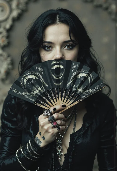 Manga style (amazing transcendental's dream:3.5). The image depicts a commanding gothic sorceress, her face partially hidden as she holds an intricately designed fan delicately before her mouth. The fan features a grotesque black-and-white image of a wide-open demonâs maw, perfectly aligned to give the chilling illusion that it is her own mouth. Her pale, slender fingers clutch the fan with grace, adorned with silver magical rings inset with dark gemstones like onyx and amethyst, while faintly glowing tattoos snake along her hand, pulsing with mysterious energy. She is clad in an exquisite black velvet gown embroidered with intricate occult patterns that shimmer faintly. Her long, dark hair cascades around her face, accentuating her glowing, enigmatic eyes shaded with bold, dark makeup. Around her neck, large silver necklaces dangle with pendants bearing crosses and arcane symbols, enhancing her mystique. The swirling, misty background is alive with dancing shadows, intensifying the eerie and otherworldly ambiance. Rendered in maximum ultra-high-definition quality with ultra-detailed textures and a vibrant, iconic Japanese comic style, the scene features realist side lighting and subtle, dynamic special effects to bring the chilling composition to life. <lora:Movie_Portrait.safetensors:0.8>, <lora:- Flux1 - soothing_atmo_V2.0.safetensors:0.4>, <lora:lith_mimosa_kiel_grw134_FLUX.safetensors:0.7>,