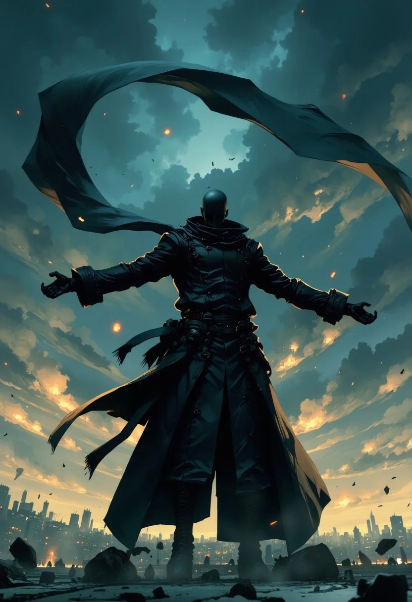 Nistyle, This image is a digital drawing in a manga/anime style, depicting a dramatic, action-oriented scene. The artwork features a lone figure standing against a backdrop of a stormy sky. The figure is a male character, shown in silhouette with no discernible facial features, wearing a long, flowing coat with a hood, and a scarf or scarf-like garment that flutters dramatically behind him. His arms are outstretched and his fists clenched, indicating a sense of determination or aggression.
Mythp0rt.