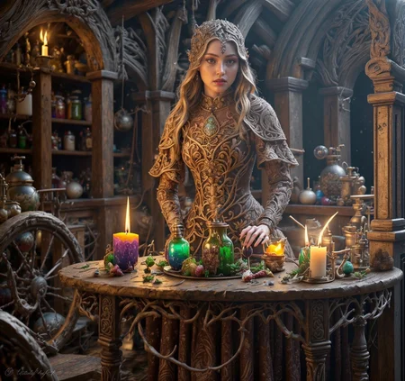 RAW photo, (masterpiece:1.3), subsurface scattering, heavy shadow, (high quality:1.4), (intricate, high detail:1.2), professional photography, HDR, High Dynamic Range, realistic, ultra realistic, photorealistic, high resolution, film photography, ambient lighting, atmospheric effects, <lora:detail_slider_v4:2>, OverallDetail, <lora:Fantasy_Interior:0.8>, a medieval alchemist laboratory, female elven alchemist wearing intricate dress, FanRo, <lora:FantasyRobes:0.56>, mixing a potion in a vial over a candle, faninter, epiCPhoto