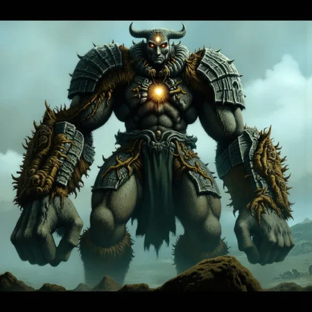 first person pov, 3D01S, simple background atmospheric and powerful dark fantasy, natural organic and first person pov of a
A towering Golem, crafted from ancient stone and animated by arcane magic, stands as an imposing figure of power. Its body is made of jagged, weathered stone, with cracks glowing faintly from the magical energy flowing through it. Veins of moss and dirt cover parts of its massive form, giving it an ancient, earthy appearance. The golem's muscular arms and legs add to its brutish stature, each step heavy and deliberate, shaking the ground beneath.
Its face is featureless except for glowing hollow eye sockets. Armor-like stone plates cover its body, with bronze or gold accents hinting at its regal, ancient origin. Growing from its back are small, twisted statues or faces, remnants of cursed spirits or multi-consciousness trapped within.
The golem's fists are enormous, capable of crushing anything in their path, sometimes wielding a sharp, curved obsidian blade. A glowing symbol on its forehead or chest signifies the source of its life, tied to an ancient deity or magic. Its slow but powerful movements radiate unstoppable force, making it an awe-inspiring, dangerous guardian of sacred grounds.
UHD letterboxed game trailer frame chromatic aberration dark atmosphere sharp masterpiece with a focus on the character, elden ring style, dark atmosphere, chromatic aberration