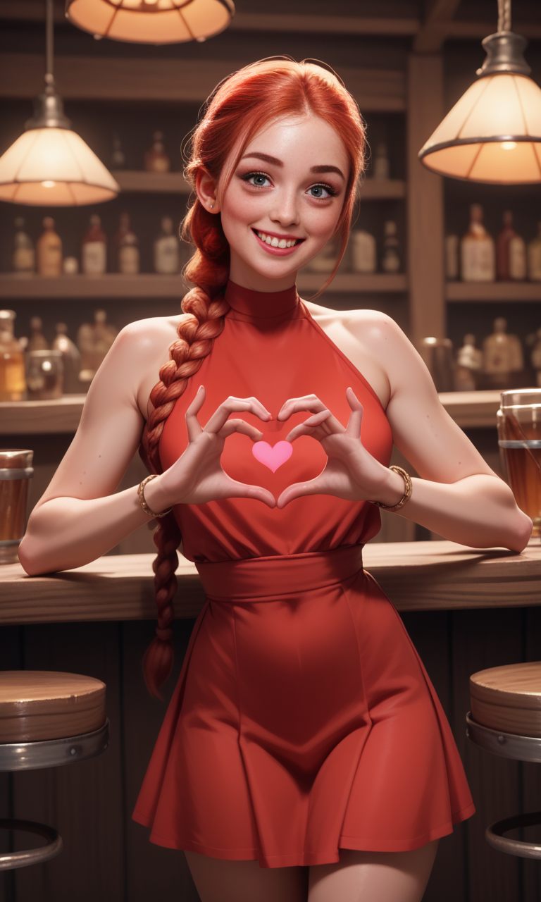 score_9, score_8_up, score_7_up, score_6_up, score_5_up, score_4_up,  slim girl in a pub  ,  fiheartcl,  making heart with hands, red short dress  , a blond braided ponytail    <lora:FingerHeartPony:.8>