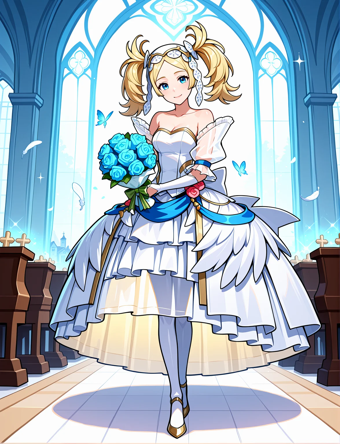 full body, church, temple, wedding, dynamic pose, altar, 1girl,
happy, light smile,
<lora:AwakeningBridal2:1> awakeningbride, collarbone, strapless, bare shoulders, cleavage, back bow, ribbons, butterfly hair ornament, long dress, (glowing dress), sparkling dress, shiny clothes, white wedding dress, feathers, detached sleeves, bridal gauntlets, gold trim, blue glow, holding bouquet,
<lora:felissa-illu-nvwls-v1:1> baseliz, blue eyes, blonde hair, twintails, white headdress,, masterpiece, best quality, amazing quality, very aesthetic, absurdres, newest