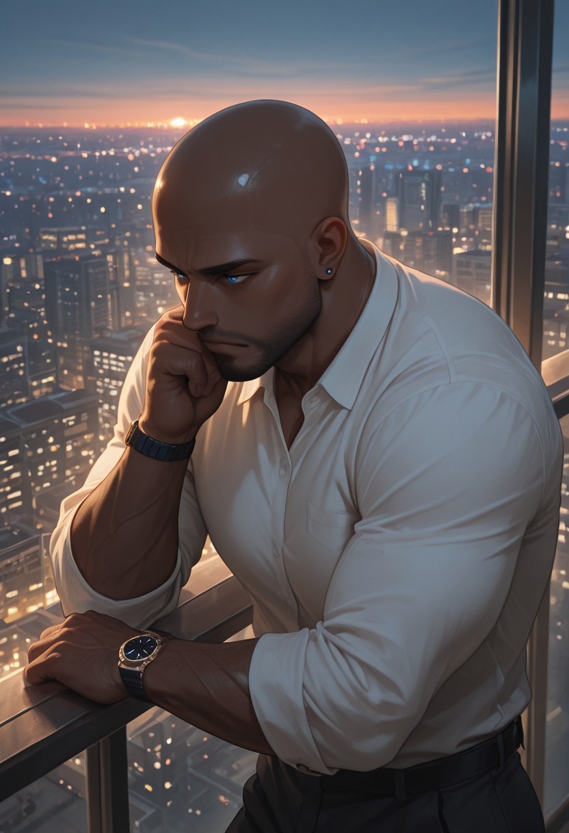 masterpiece, best quality, amazing quality, absurdres, newest, detailed background, definition so sharp, Ultra-HD, 8K cinematic, very awa, impressionate, amazing quality, highres, 
1boy, mbti_estj, muscular man, mature man, bald, dark skin, facial hair, blue eyes, watch, solo, balcony, city lights \(bokeh\), twilight, soft ambient light, overlooking cityscape, pensive, relaxed, smart casual, warm atmosphere, tranquil urban, high quality, atmospheric, aesthetic