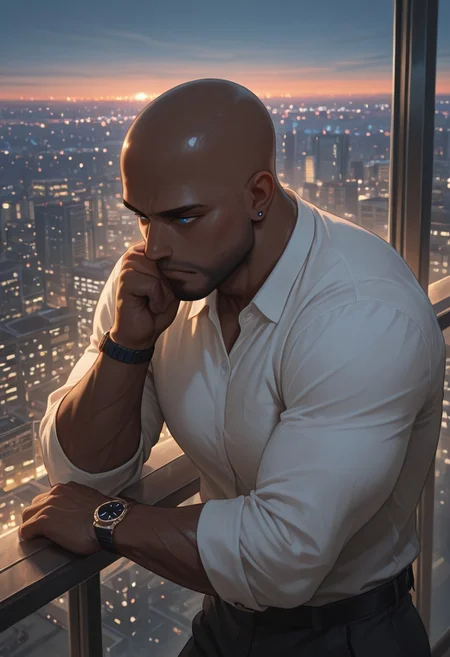 masterpiece, best quality, amazing quality, absurdres, newest, detailed background, definition so sharp, Ultra-HD, 8K cinematic, very awa, impressionate, amazing quality, highres,
1boy, mbti_estj, muscular man, mature man, bald, dark skin, facial hair, blue eyes, watch, solo, balcony, city lights \(bokeh\), twilight, soft ambient light, overlooking cityscape, pensive, relaxed, smart casual, warm atmosphere, tranquil urban, high quality, atmospheric, aesthetic