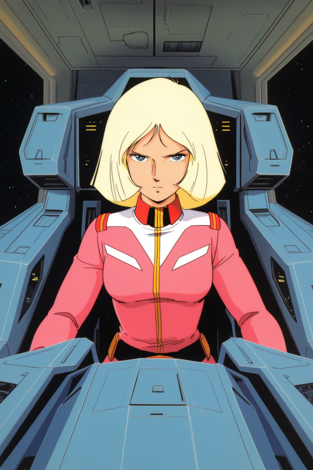 masterpiece, best quality, amazing quality, absurdres, saylamass79, blonde hair, solo, serious, confident, pink military uniform, large breasts, upper body, indoors, spacecraft, cockpit, science fiction, retro artstyle