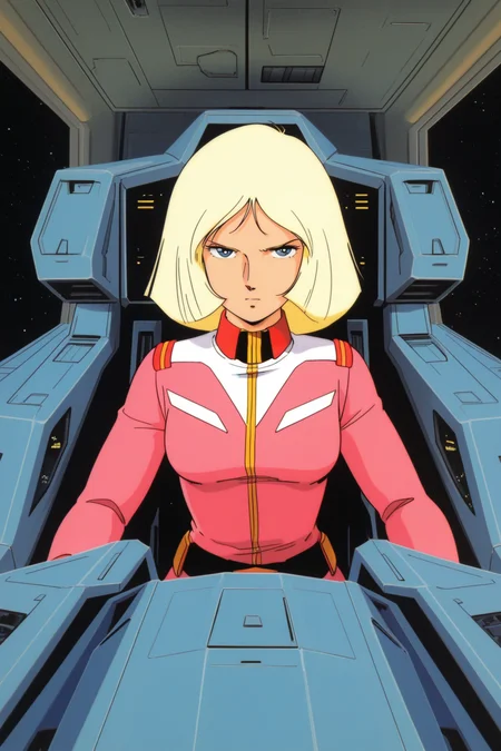 masterpiece, best quality, amazing quality, absurdres, saylamass79, blonde hair, solo, serious, confident, pink military uniform, large breasts, upper body, indoors, spacecraft, cockpit, science fiction, retro artstyle