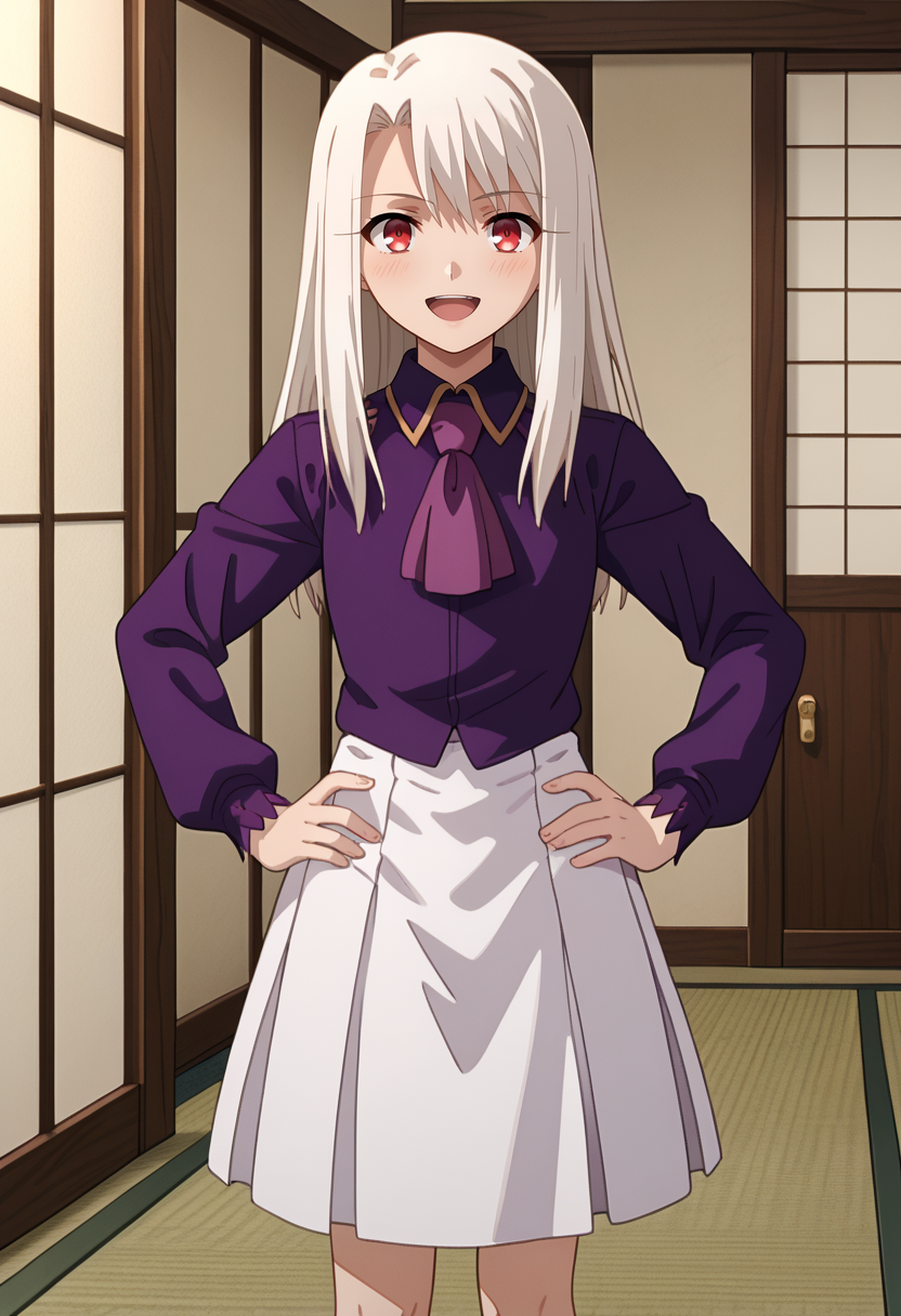 score_9,
<lora:FateStayNightUBW_IllyasvielXL:0.9>, IlliyasvielFS,
1girl, solo, open mouth, light smile, light blush,
white hair, long hair, red eyes,
IlliyasvielCasual, purple shirt, purple ascot, long sleeves, white skirt, white socks,
standing, looking at viewer, hands on own hips,
indoors, tatami