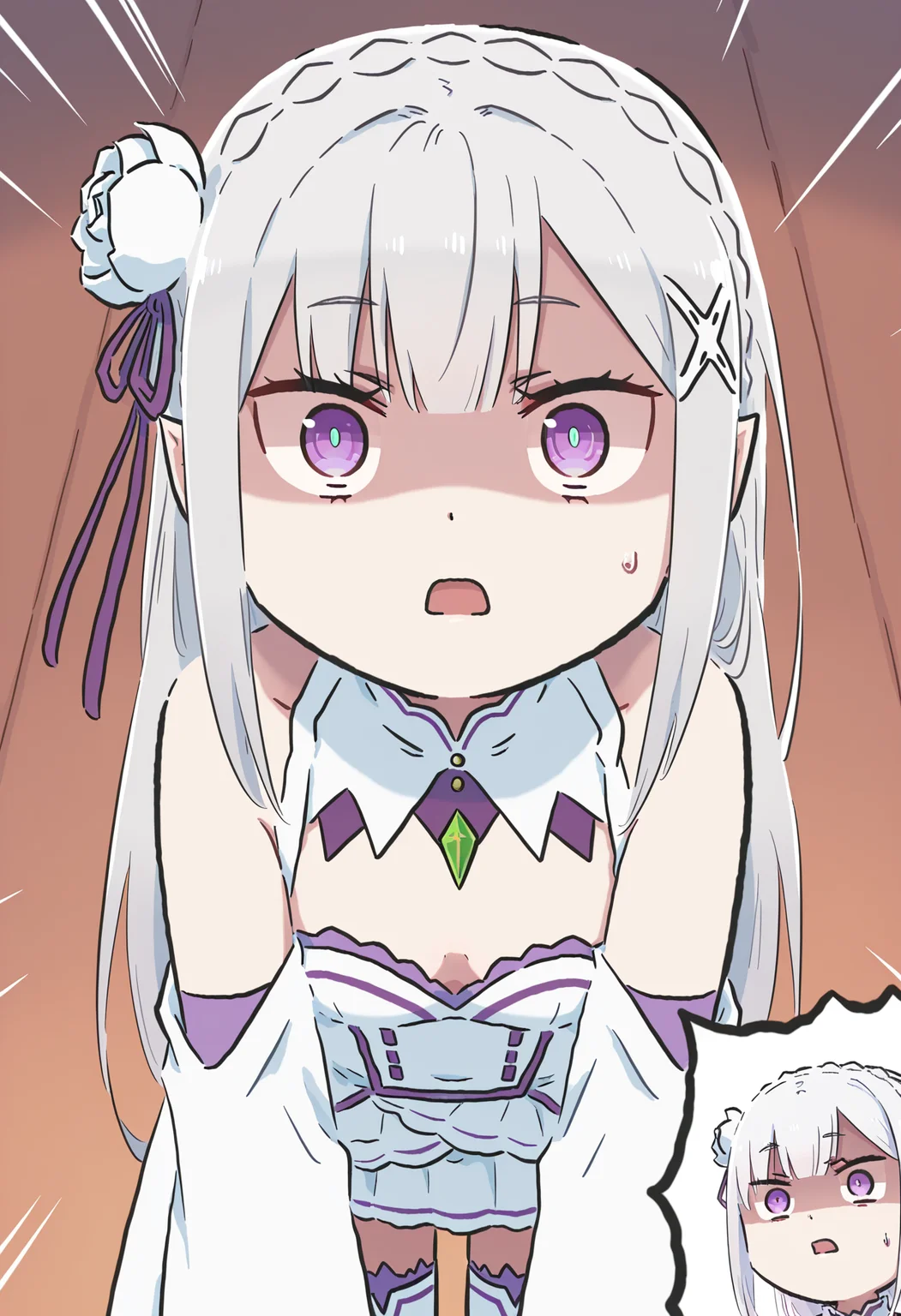 masterpiece,best quality,high resolution,source_anime,highly detailed illustration,
seductive, detailed eyes, very aesthetic,absurdres,newest, amazing quality,
detailed eyes, absurdres,newest, amazing quality,
<lora:shiXinzoroV1ill:0.8>, shixinzoruo, chibi,
1girl, solo,
<lora:shiEmiliaV12ill:0.9>, shimilia, long hair, grey hair, purple eyes, pointy ears, crown braid, hair flower, hair ribbon, purple ribbon, x hair ornament, white dress, cleavage, bare shoulders, wide sleeves, white thighhighs, thigh boots,
looking at viewer, sweatdrop, close-up, open mouth, surprised, emphasis lines, shaded face, surprised,