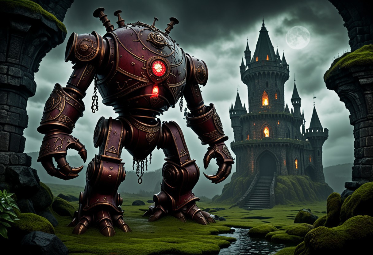 giant bipedal robot dirty dark red and dark green, bronze paisley robot. lacy robot metal kettle head. outside of a steampunk keep. large detailed torso. dark image. one forty foot tall ancient robot with great arms and two heavy spring legs. dark foggy night background. $dark foggy night image only. dark photo realistic image. steampunk details. cogs, chains and pipes incorporated in the fantasy buildings. magic wizards tower in background. Dark swamp, moss, castle ruins, wizards tower. stormy dark night.  stormy sky.