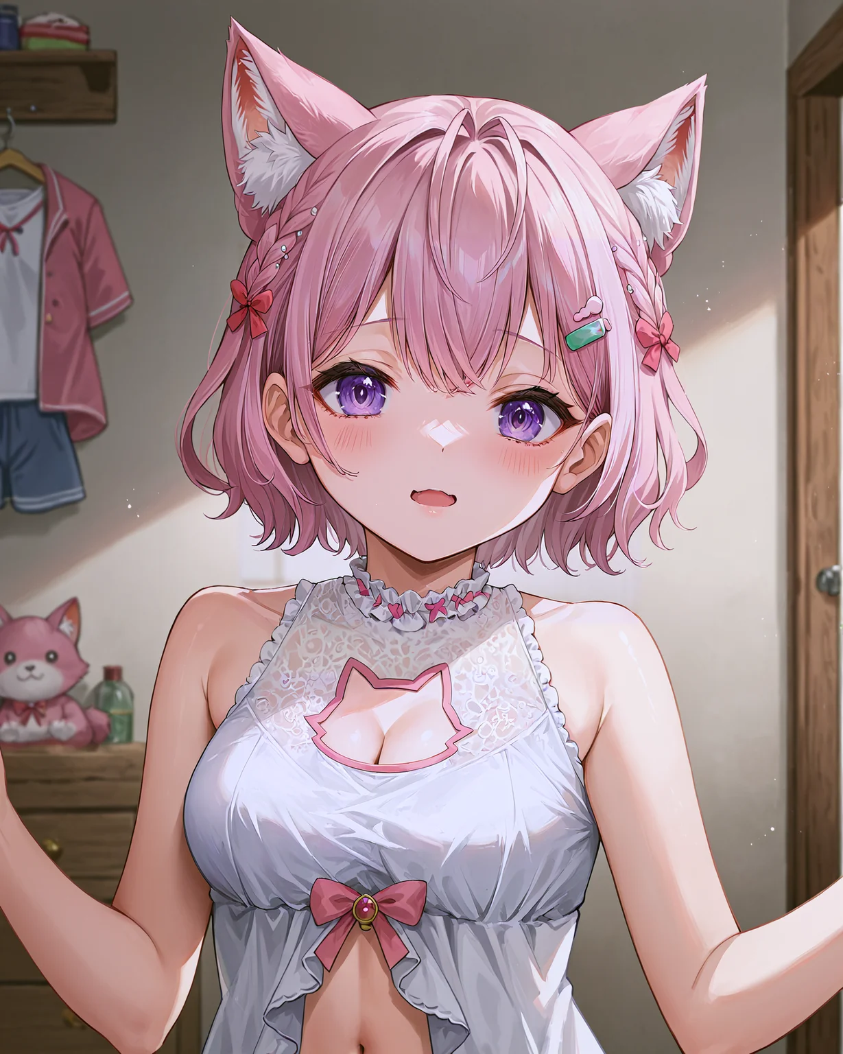 <lora:HOLOLIVE_Hakui_Koyori_XL:0.7> hakui koyori, purple eyes, pink hair, bangs, crossed bangs, hair between eyes, ahoge, braid, hair ornament, animal ears, animal ear fluff, tail, short hair, hairclip, ribbon, bare shoulders, sleeveless, clothing cutout, cleavage, cleavage cutout, sleepwear, white sleepwear, frills, navel, stomach, upper body,, <lora:9_Detail_Tweaker_XL:0.8>, score_9, score_8_up, score_7_up, source_anime, masterpiece, best quality, highly detailed background, cinematic lighting, detailed eyes, perfect face,, lazy, teenager room, messy, bedroom, bed sheet, closet,