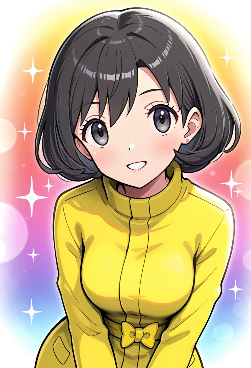hinosaki, [[pokemoa, gonzarez]],2d, masterpiece, best quality, amazing quality, 1girl, solo, close-up, standing, smile, upper body, leaning_forward, looking at viewer, multicolored background, sparkle, rainbow background, colorful background, orasparasol, black hair, short hair, yellow raincoat, long sleeves, yellow bow