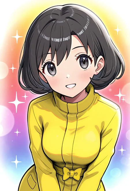 hinosaki, [[pokemoa, gonzarez]],2d, masterpiece, best quality, amazing quality, 1girl, solo, close-up, standing, smile, upper body, leaning_forward, looking at viewer, multicolored background, sparkle, rainbow background, colorful background, orasparasol, black hair, short hair, yellow raincoat, long sleeves, yellow bow