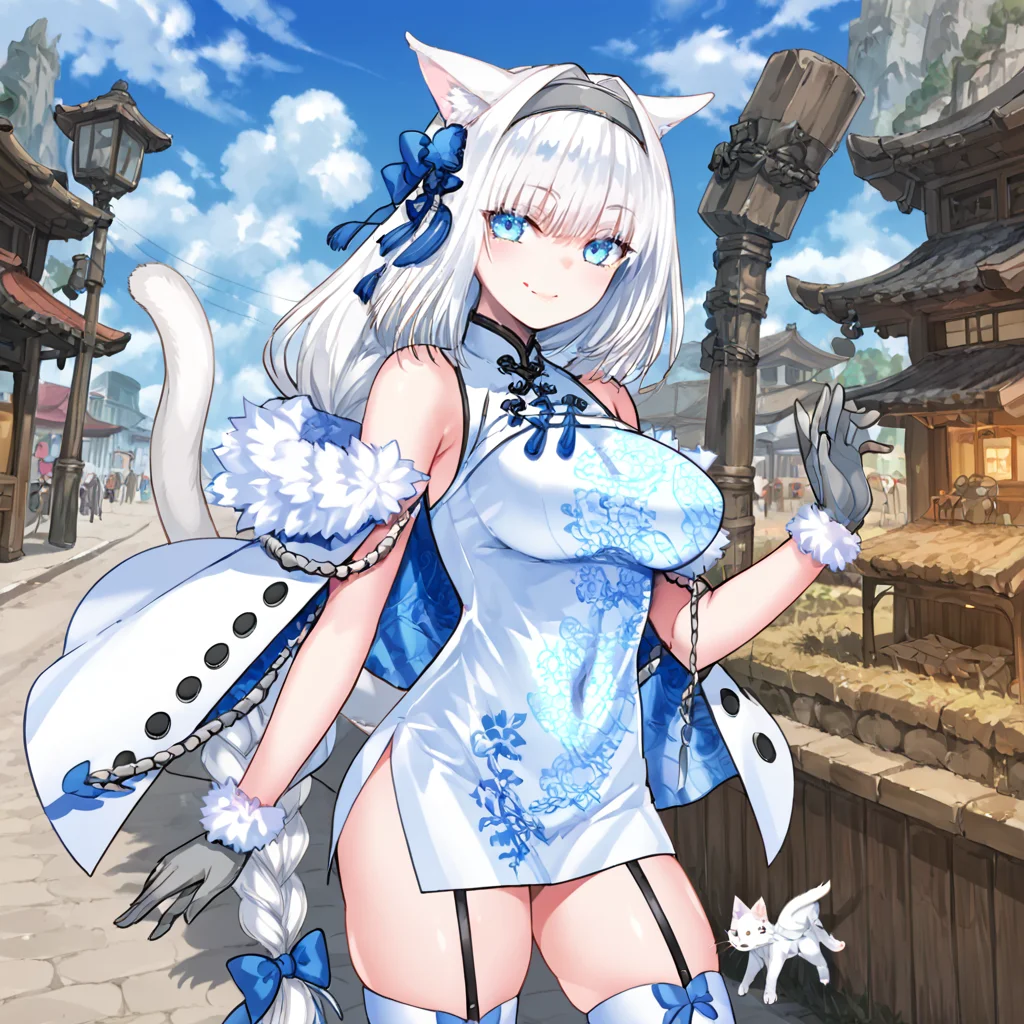 score_9, score_8_up, score_7_up, masterpiece, 1girl, solo, source_anime, <lora:dobrynya-000017:0.8> dobrynya, white hair, long hair, large breasts, blue eyes, animal ears, cat ears, one tail, cat tail, cat girl, gray headband, gray gloves, chinese dress, thighhighs, braided ponytail, fur trim, hair bow, street, smile, waving, cowboy shot,