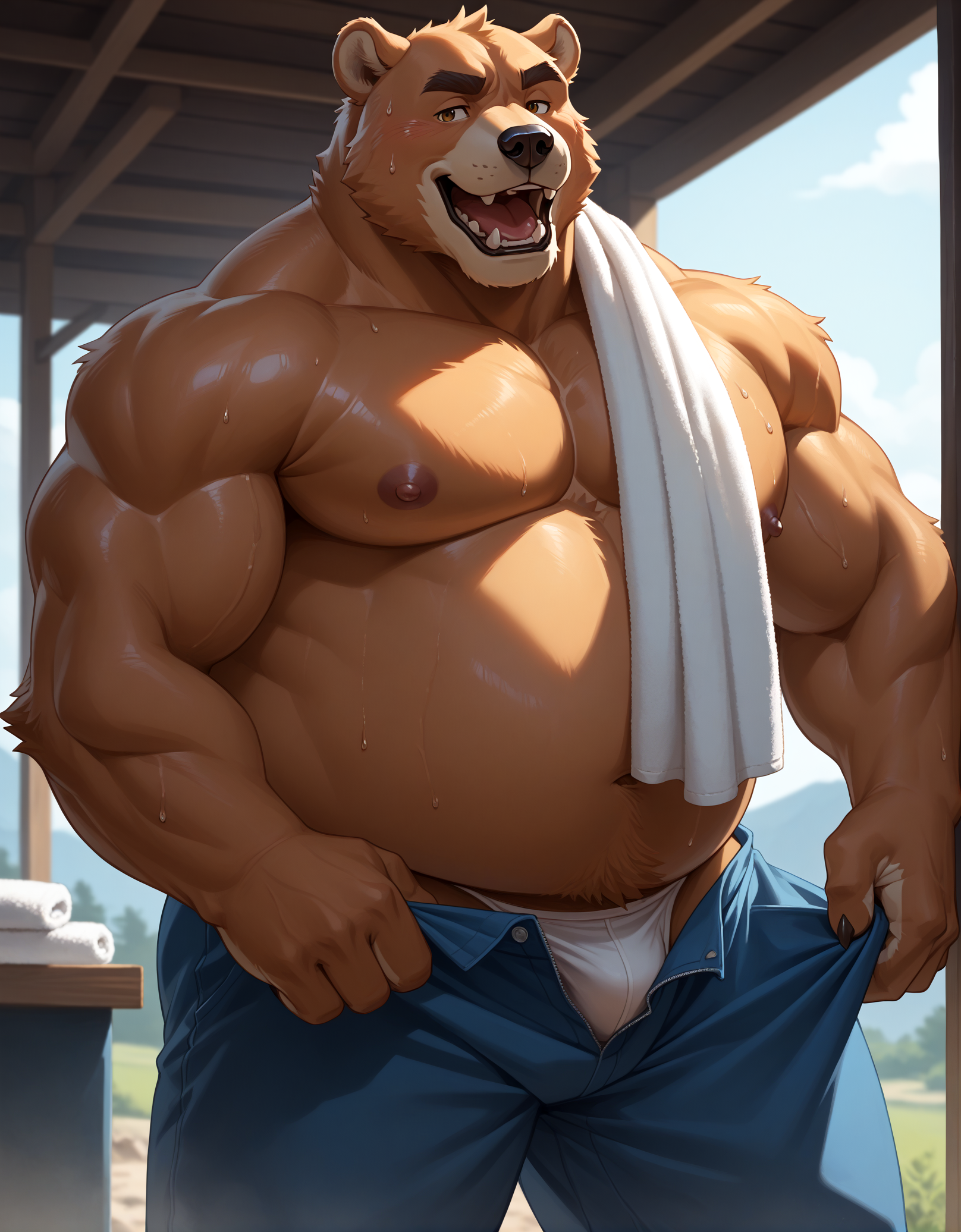 score_9,score_8_up,score_7_up,score_6_up,furry,kemono,high quality,Half body,tail,furry,rating_explicit,embedding:zPDXL3 BREAK anthro male furry,solo,Animation style,(bara),huge Chest Muscles, perfect anatomy,solofocus,
half naked,Semi-nudity,(open pants),tight panties exposed,towel,((sweat,body fluids):1.5),towel to wipe sweat,crotch bulge,Open mouth smile,(huge musclegut),bear,(Super soft fur),Towel hanging on the shoulder,field,ogle,seduction,Wiping sweat from cheeks with hand,construction site