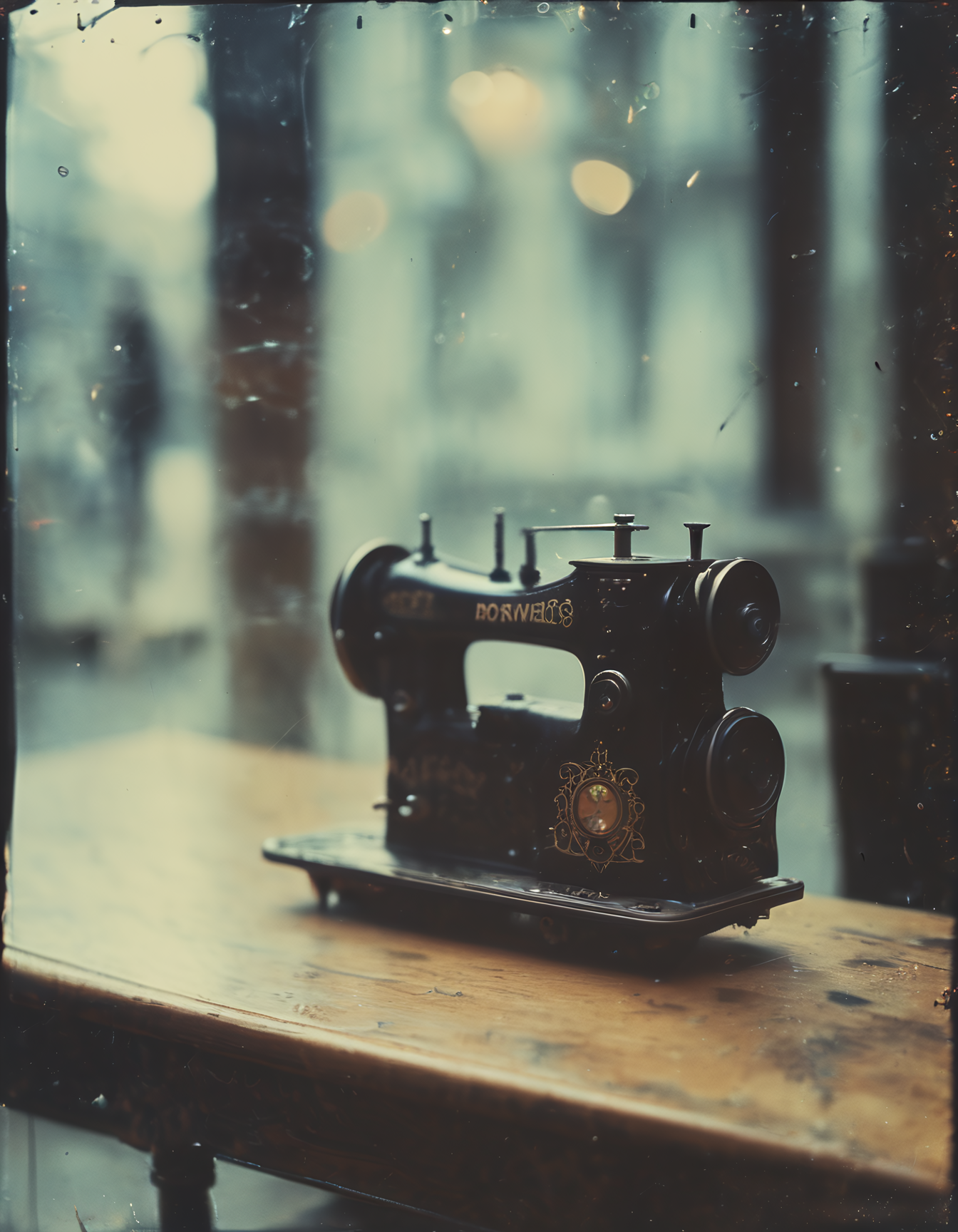 35mm vintage photo of an old sewing machine, bokeh, 4k, uhd, masterpiece