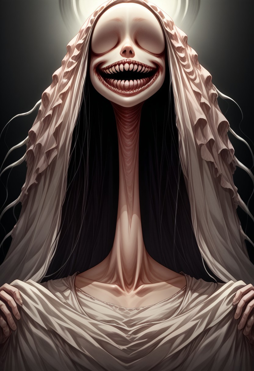 score_9, score_8_up, score_7_up, source_anime, solo, Nightmarish Jessica Rabbit, (looking towards the viewer, face view, close up face, head shot, face portrait:1.4), (long arms, long legs, long neck, horror, no eyes, no face, large mouth, creepy smile, skinny, bones, Victorian gown:1.5), close face view, (indirect lighting, dynamic lighting:1.4), simple background, (detailed image, high resolution, 5k resolution:1.0), VikingAnime, (cute Art Style:1.2)